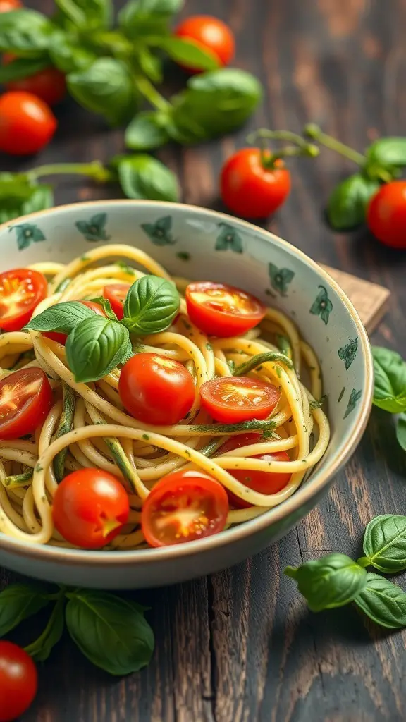 A bowl of zucchini noodles topped with pesto and cherry tomatoes, surrounded by fresh basil leaves.