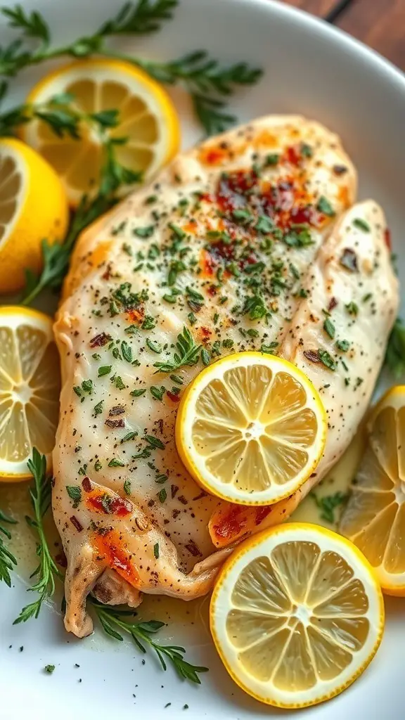 A plate of baked lemon herb chicken garnished with lemon slices and fresh herbs.