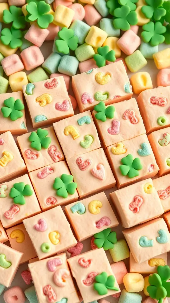 Colorful Lucky Charms Marshmallow Treats with green clovers and pastel marshmallows