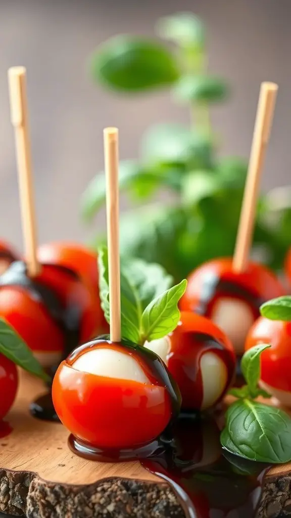 A close-up of Caprese salad bites featuring cherry tomatoes, mozzarella balls, and basil leaves on skewers with balsamic glaze.