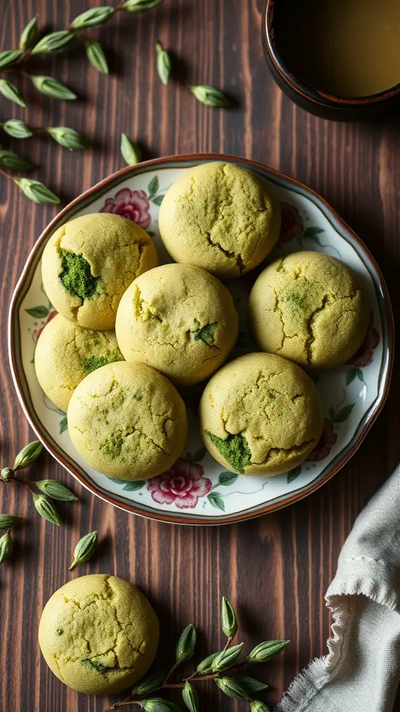 A plate of green tea matcha cookies with a cup of tea beside them