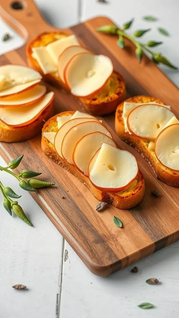 Toasted bread topped with Irish cheddar and apple slices on a wooden board