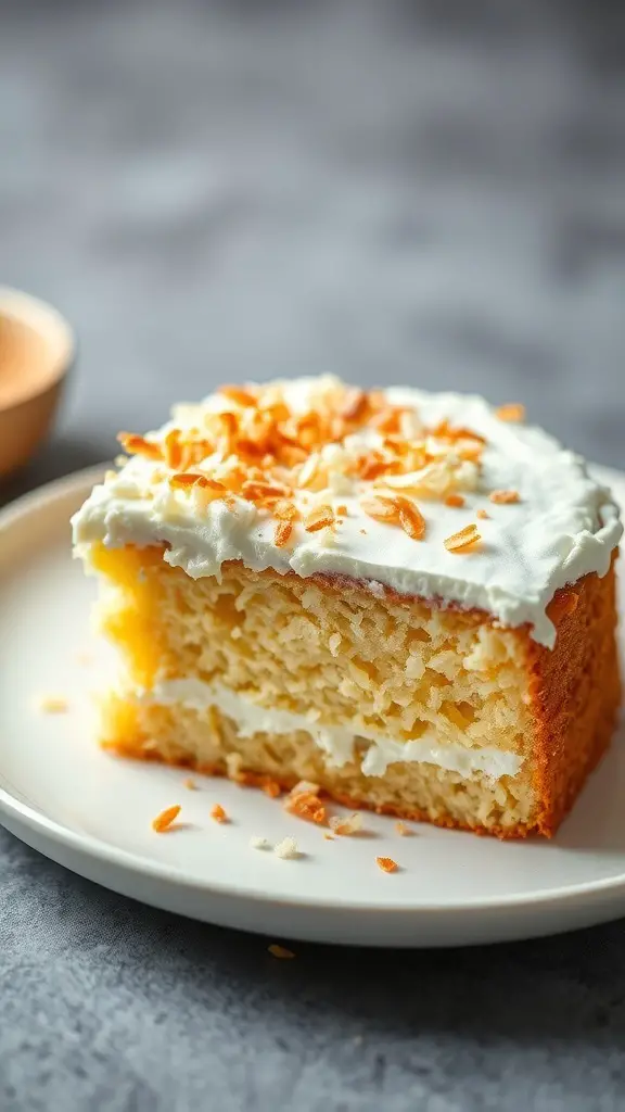 A slice of Coconut Cream Yellow Cake with whipped cream and toasted coconut on top.
