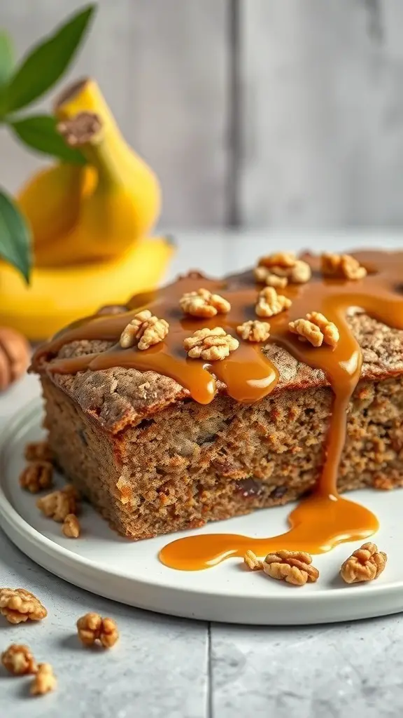 Nutty Banana Bread Cake with caramel drizzle and walnuts