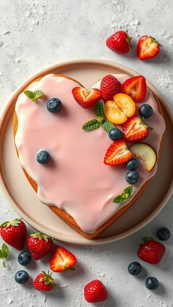 A heart-shaped cake topped with pink glaze and fresh fruits like strawberries and blueberries.