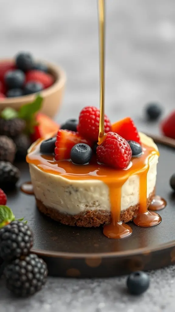 A mini cheesecake topped with fresh berries and caramel drizzle, surrounded by more berries.