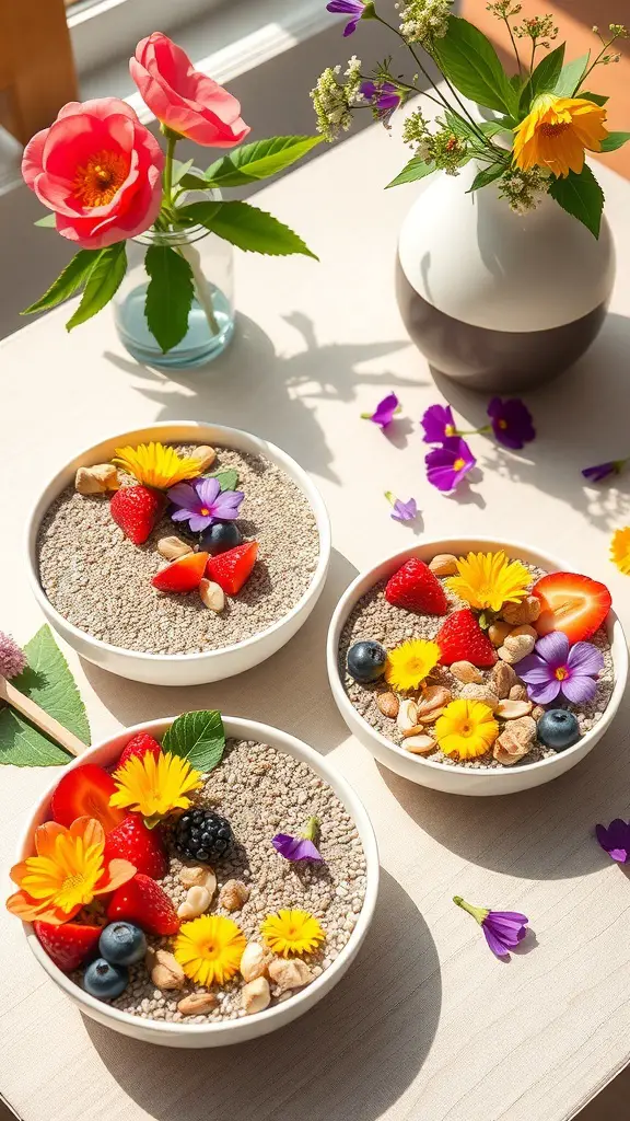 Chia seed pudding bowls topped with fruits and edible flowers