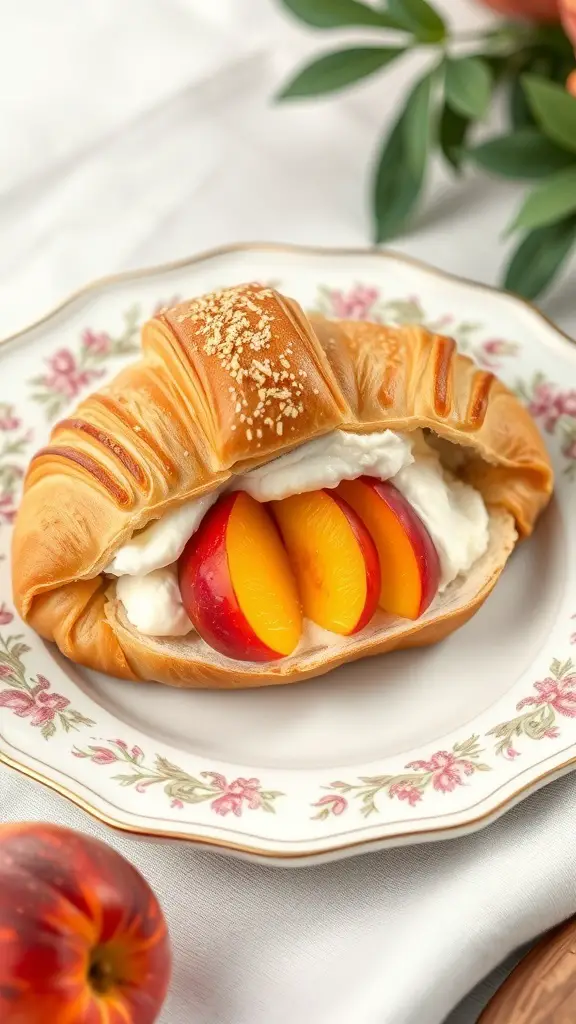 A peach and cream cheese stuffed croissant on a floral plate, with fresh peaches nearby.