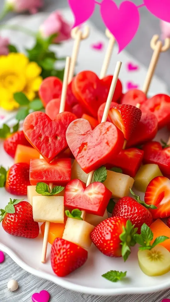 Colorful Valentine's Day fruit skewers with heart-shaped watermelon, strawberries, and pineapple.