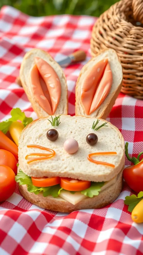 Bunny face sandwiches made with bread, cheese, and vegetables, decorated to look like a bunny.