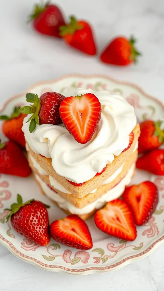 A heart-shaped strawberry shortcake topped with whipped cream and a strawberry, surrounded by fresh strawberries.