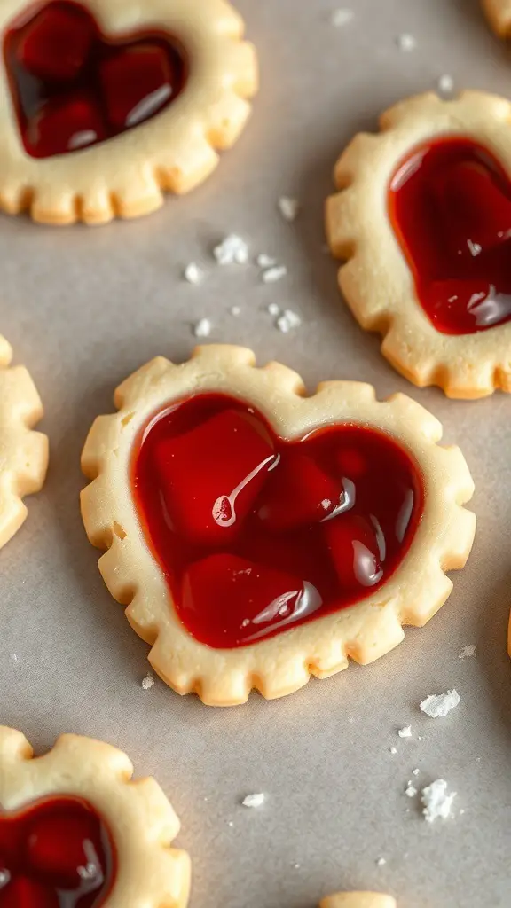 Heart-shaped sugar cookies with red fruit jam filling on a baking sheet.