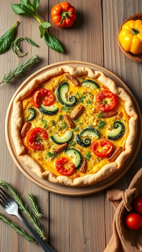 A colorful Spring Vegetable Quiche with zucchini, tomatoes, and herbs on a wooden table.