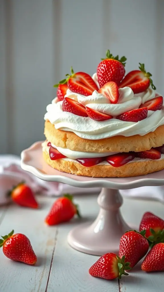 A delicious strawberry shortcake topped with fresh strawberries and whipped cream on a pink cake stand.