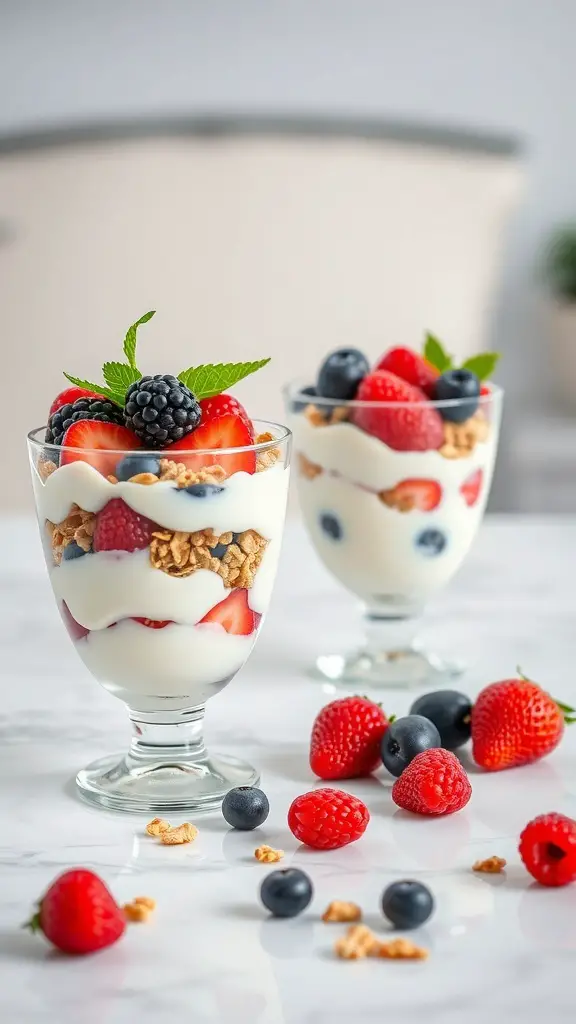 Two coconut yogurt parfaits with layers of yogurt, granola, and fresh berries.