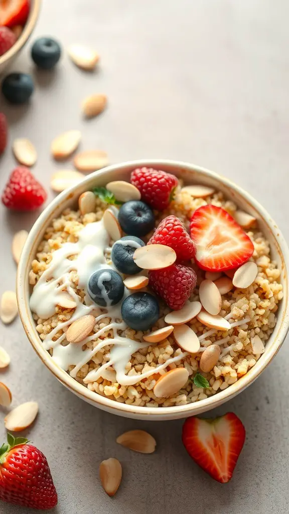 A quinoa breakfast bowl topped with fresh berries and almonds.