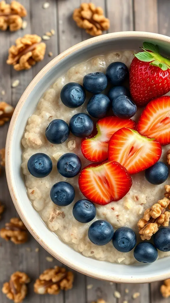Bowl of oatmeal topped with fresh blueberries, strawberries, and walnuts.