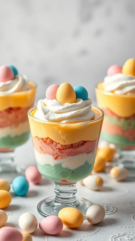 Colorful Easter Egg Pudding Cups with whipped cream and candy eggs