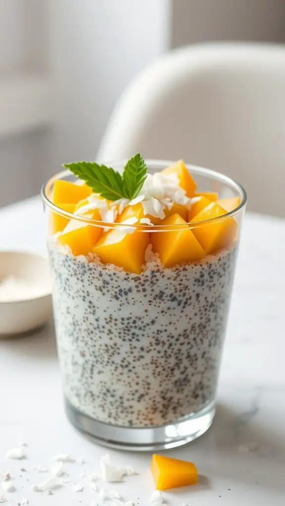 A glass of chia seed pudding topped with mango and coconut flakes