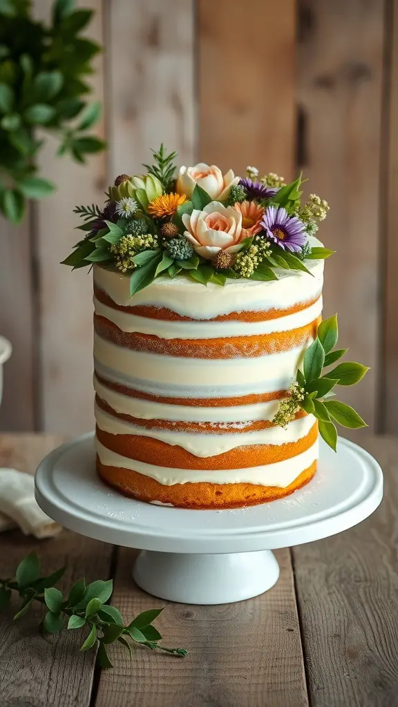 A beautiful layer cake decorated with fresh flowers and greenery.