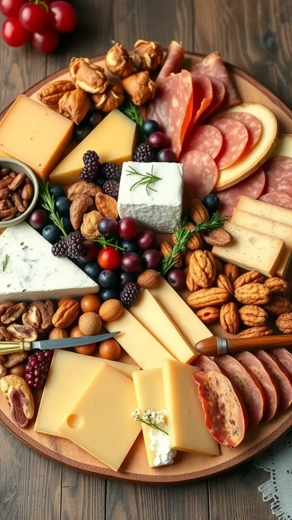A beautifully arranged cheese and charcuterie board featuring various cheeses, cured meats, nuts, and fruits.