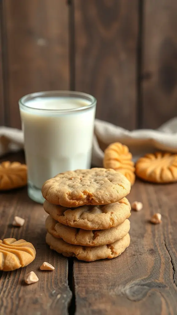 A stack of flourless peanut butter cookies next to a glass of milk on a wooden table.