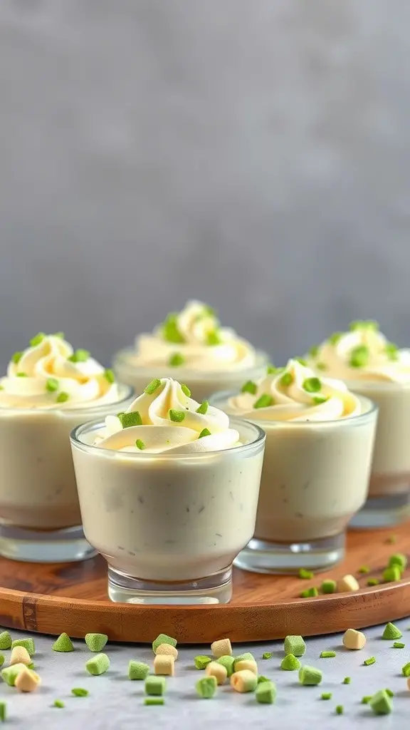Five pistachio pudding cups topped with whipped cream and green sprinkles.