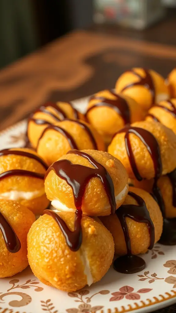A plate of profiteroles drizzled with chocolate sauce.