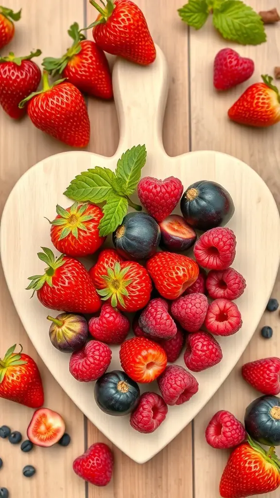 A heart-shaped wooden board filled with colorful fruits including strawberries, raspberries, blueberries, and blackberries.