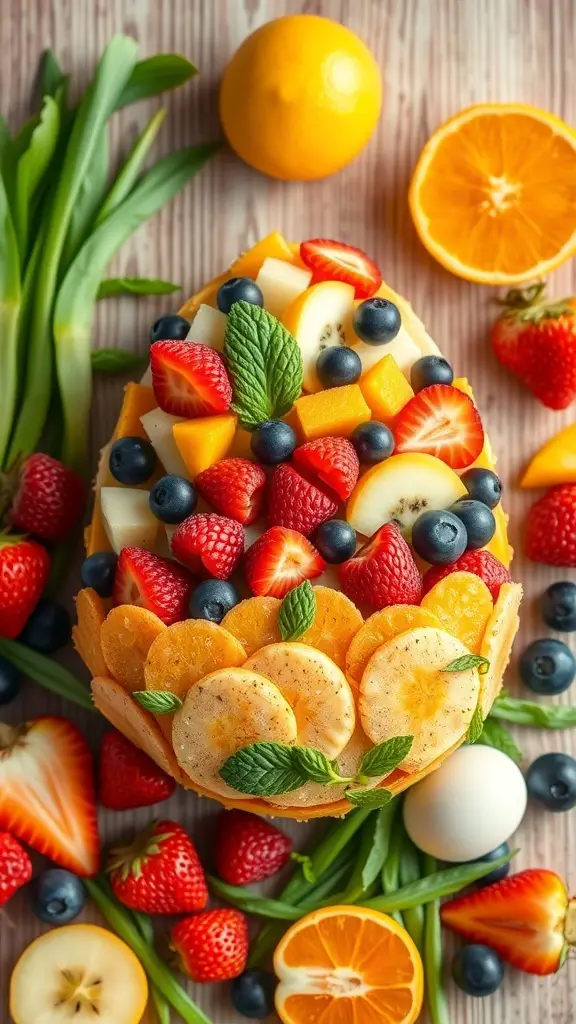 Colorful Easter Egg Fruit Salad with strawberries, blueberries, mango, and citrus slices