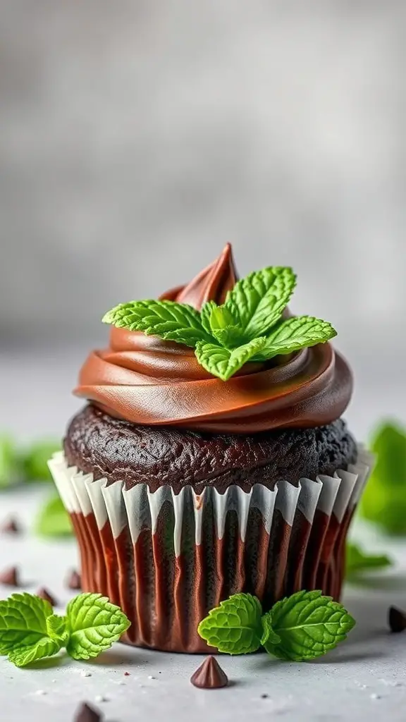 Chocolate mint cupcake topped with chocolate frosting and fresh mint leaves