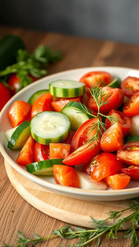 A colorful cucumber and tomato salad garnished with dill, served in a white bowl.
