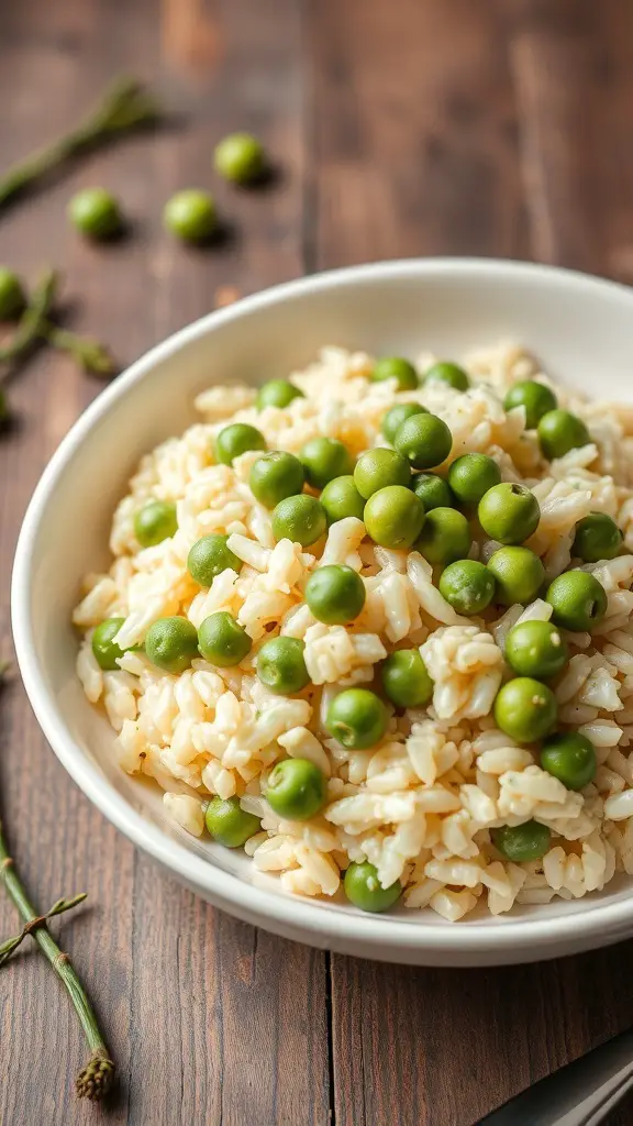 A bowl of creamy risotto topped with fresh green peas on a wooden table.