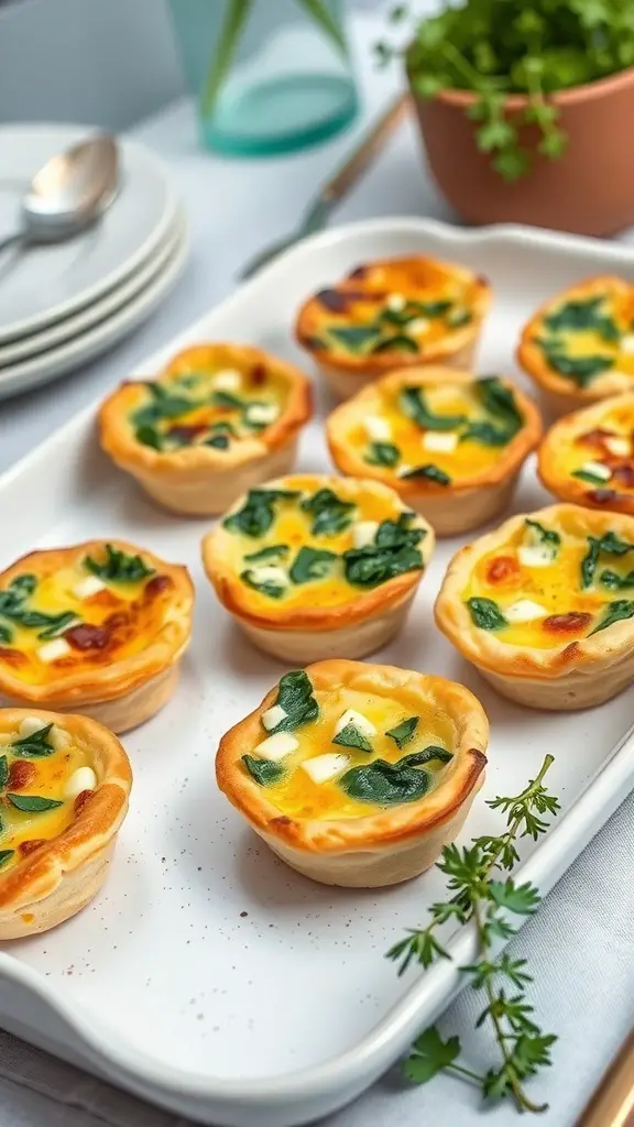 A platter of mini quiches filled with spinach and feta cheese.
