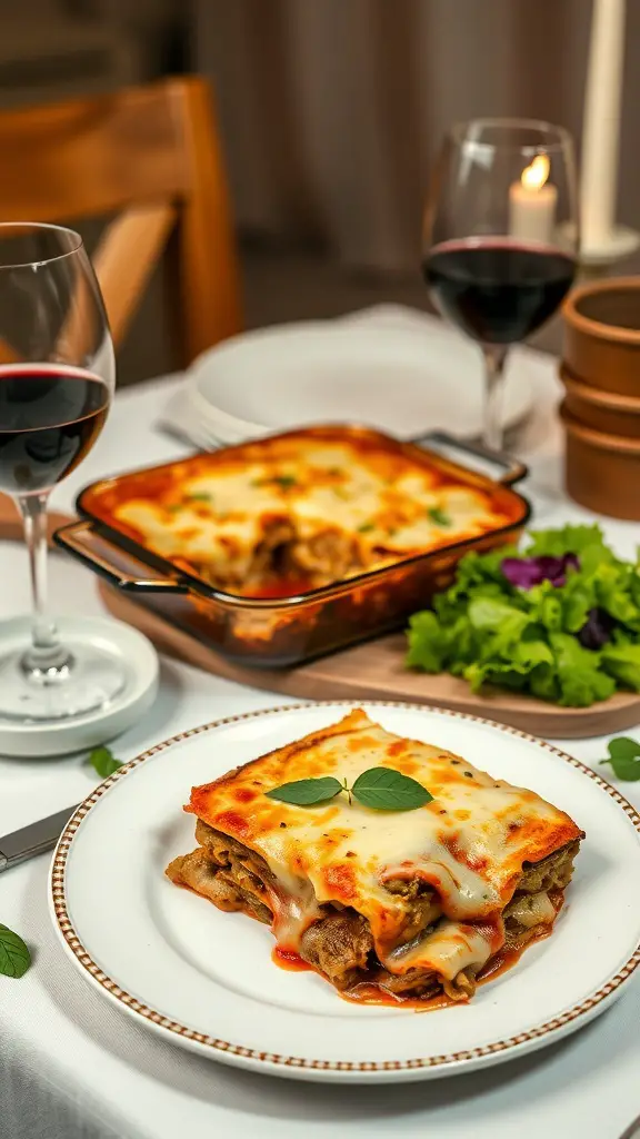 A plate of homemade lasagna with a side salad and glasses of red wine.