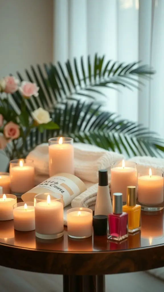 A cozy DIY spa setup with candles, nail polish, and a towel on a table, perfect for a birthday celebration.