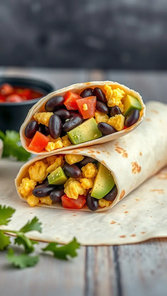 A close-up of a breakfast burrito filled with black beans, scrambled eggs, and diced vegetables, served on a wooden table.