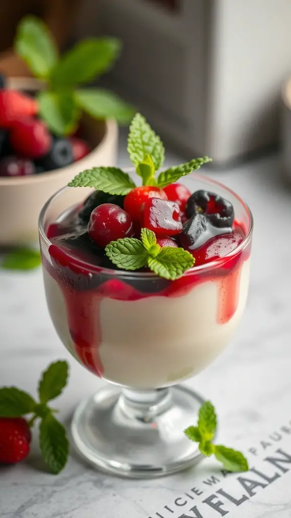 A glass of vanilla bean panna cotta topped with berries and mint leaves