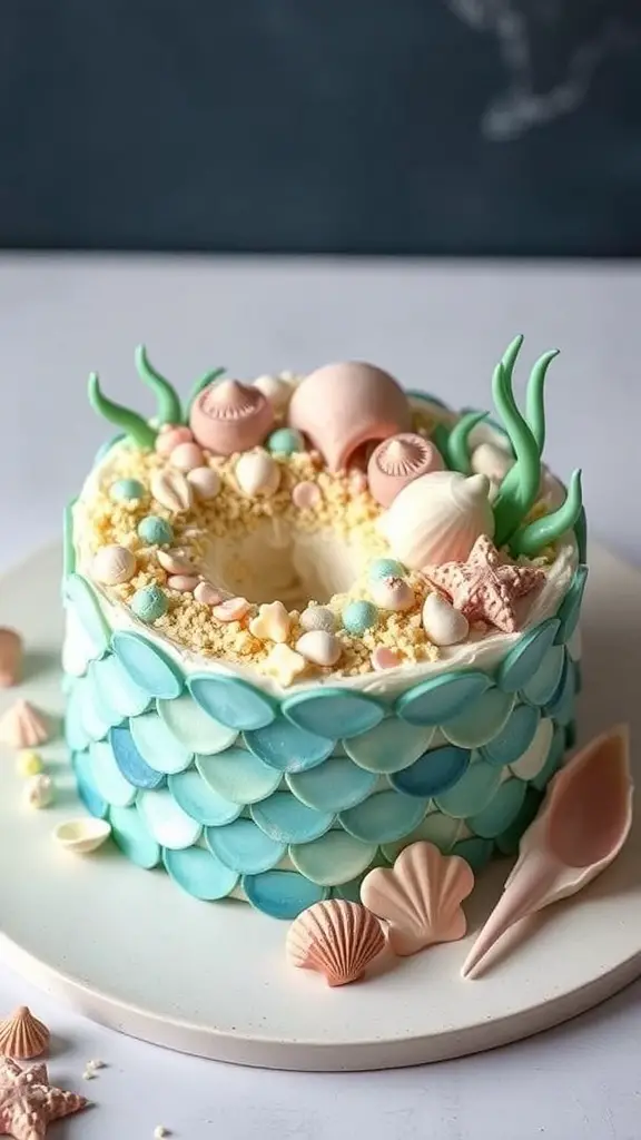 A beautifully decorated mermaid-themed bento cake with blue and green scales, seashells, and seaweed.