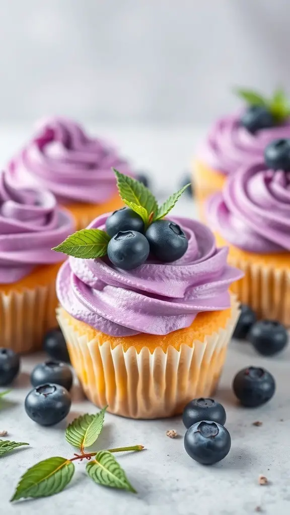 Cupcakes with violet frosting topped with blueberries and mint leaves
