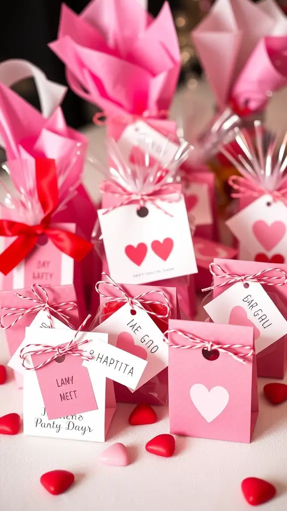 Colorful DIY party favors for a Galentine's dinner party, featuring pink and red packaging with heart designs.