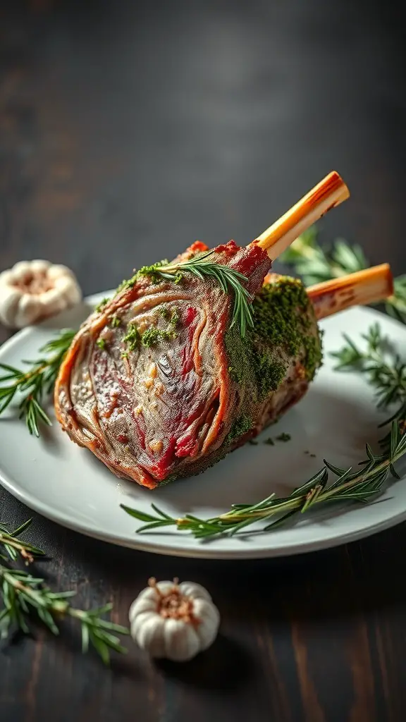 A beautifully cooked herb-crusted rack of lamb garnished with fresh herbs and garlic.