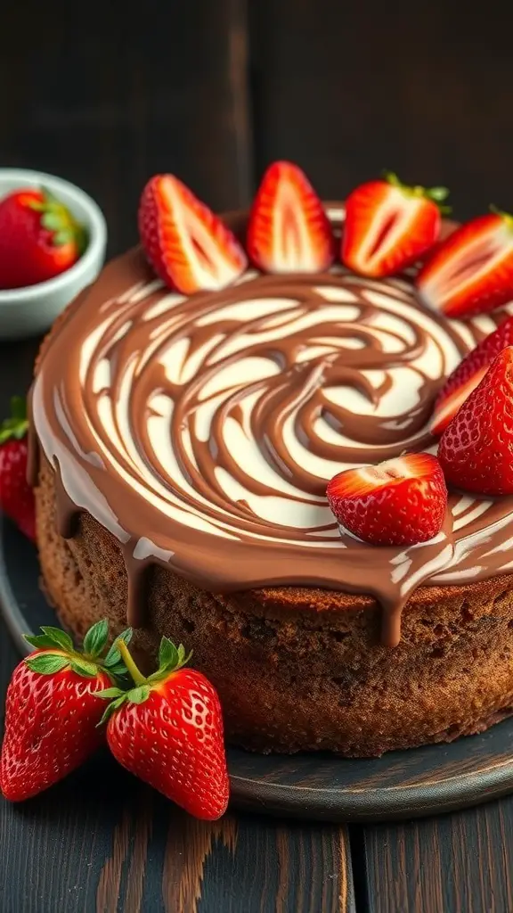 Nutella Strawberry Poke Cake with fresh strawberries on top