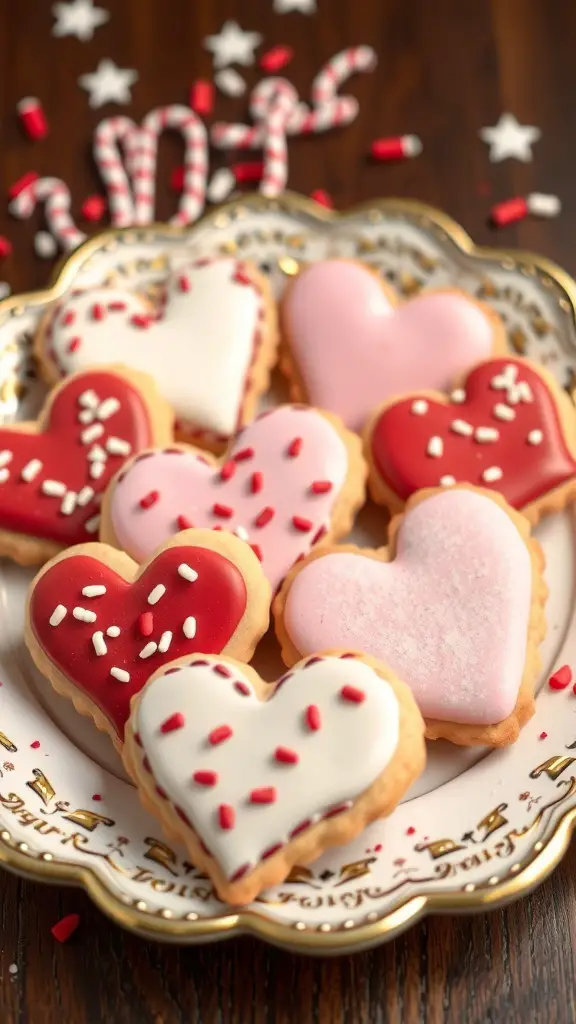 A plate of heart-shaped cookies decorated with icing and sprinkles.