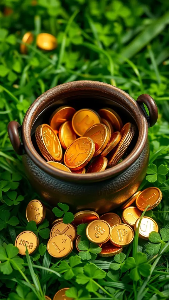 A pot filled with chocolate coins surrounded by green clovers