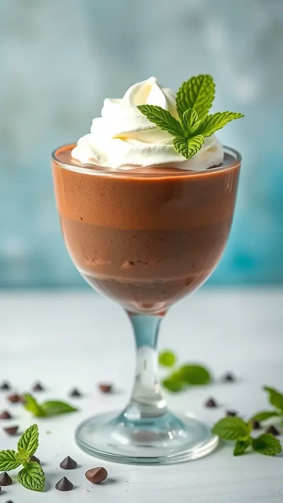 A glass of chocolate mint mousse topped with whipped cream and mint leaves, surrounded by chocolate chips and mint leaves.