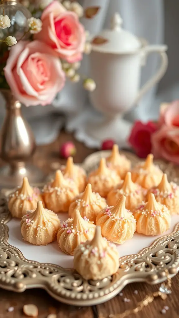 A plate of Coconut Macaroon Kisses decorated with sprinkles and surrounded by pink roses.