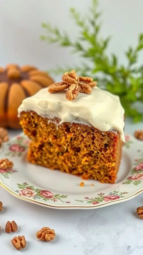 A slice of carrot cake with cream cheese frosting and walnuts on a floral plate, with a pumpkin decoration in the background.