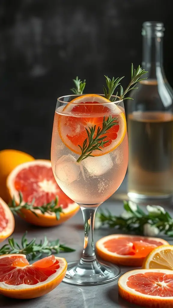 A refreshing Sparkling Grapefruit Rosemary Mocktail garnished with grapefruit slices and rosemary sprigs, surrounded by fresh grapefruit halves.
