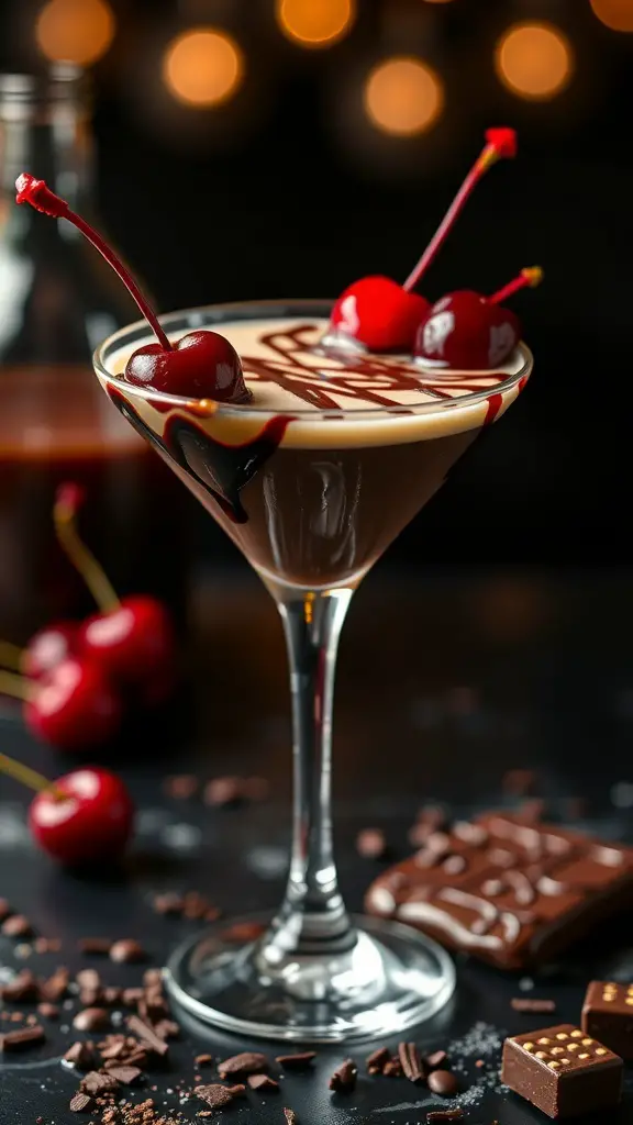A Chocolate Covered Cherry Martini garnished with cherries and chocolate syrup, set against a blurred background of warm lights.